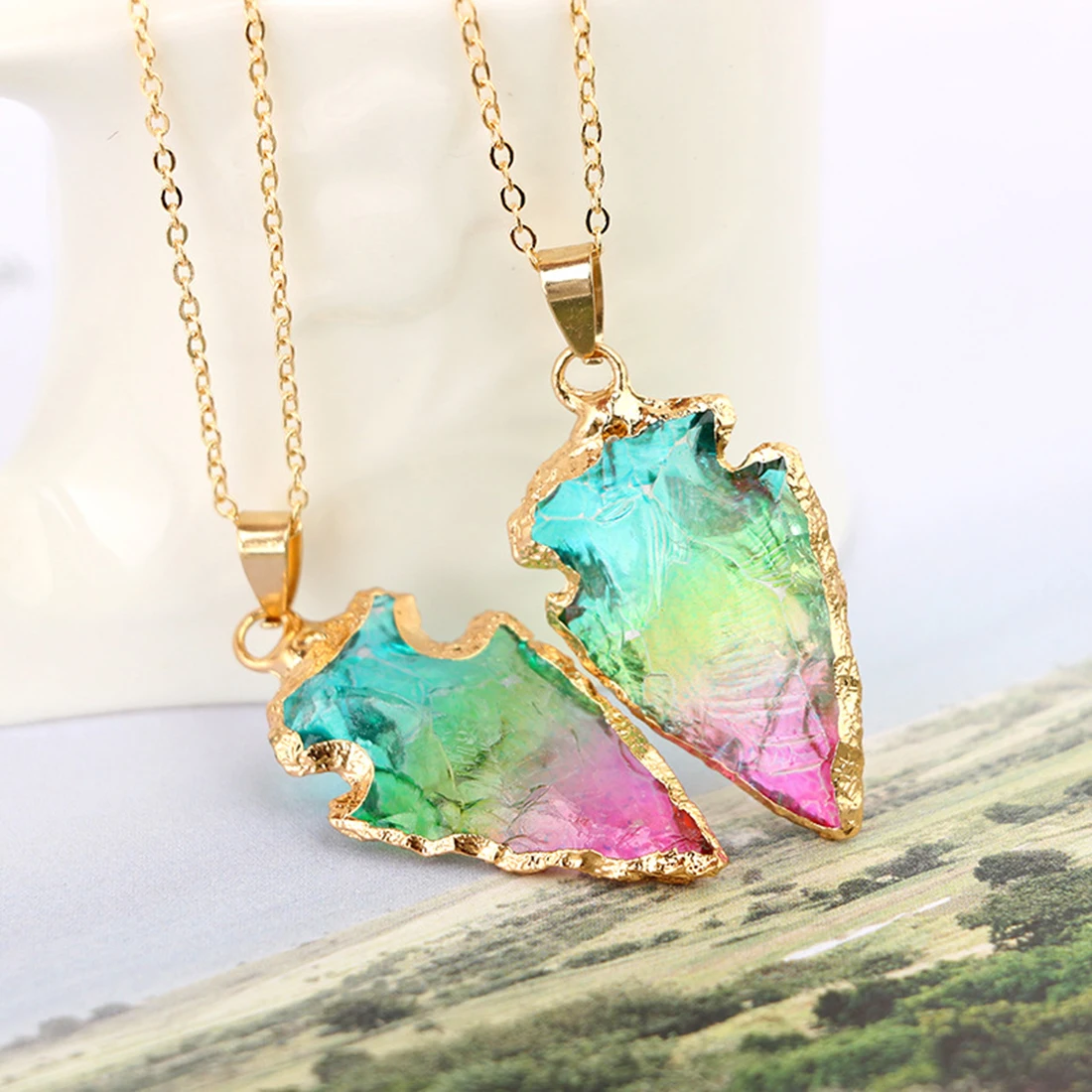 Random Arrowhead Shape Colorful Nature Stone Gold Chain Necklace for Women Fashion Jewelry | Украшения и аксессуары