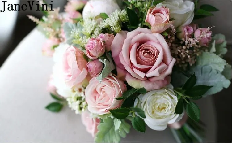 JaneVini Artificial Blush Pink Bride Bouquet Rose Vintage White Peony Silk Flower Wedding Bouquets Fake Bridal Brooch Holder | Свадьбы и