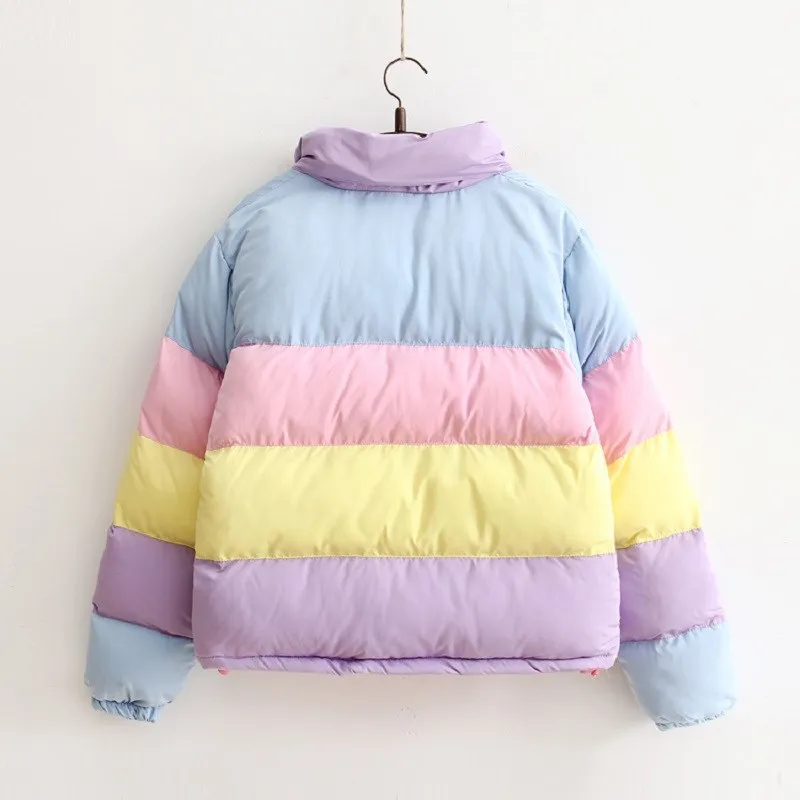 

Winter Women Casual Parkas Short Padded Jacket Rainbow Splicing Color Parkas Pastel Panel Puffer Jacket Coats