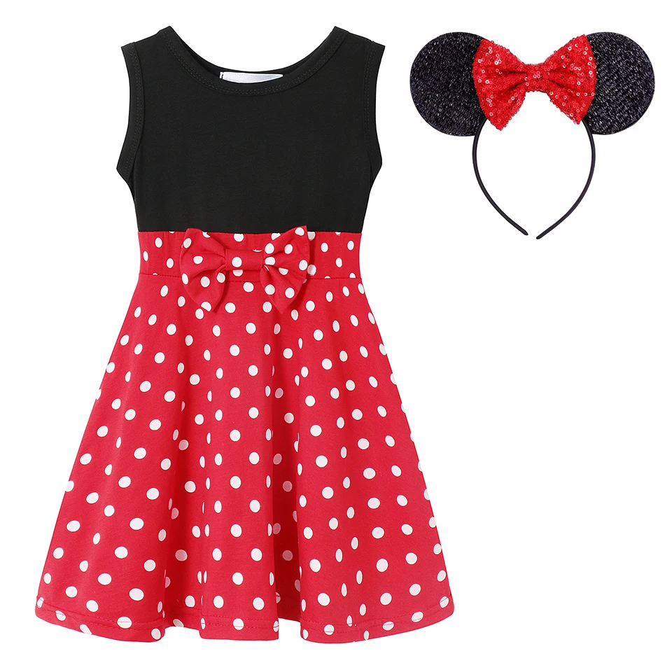 

Disney Little Girls Minnie Mickey Dots Casual Dress Children Summer Cotton Flared Sundress Kids Cartoon Fancy Dress Up Clothes