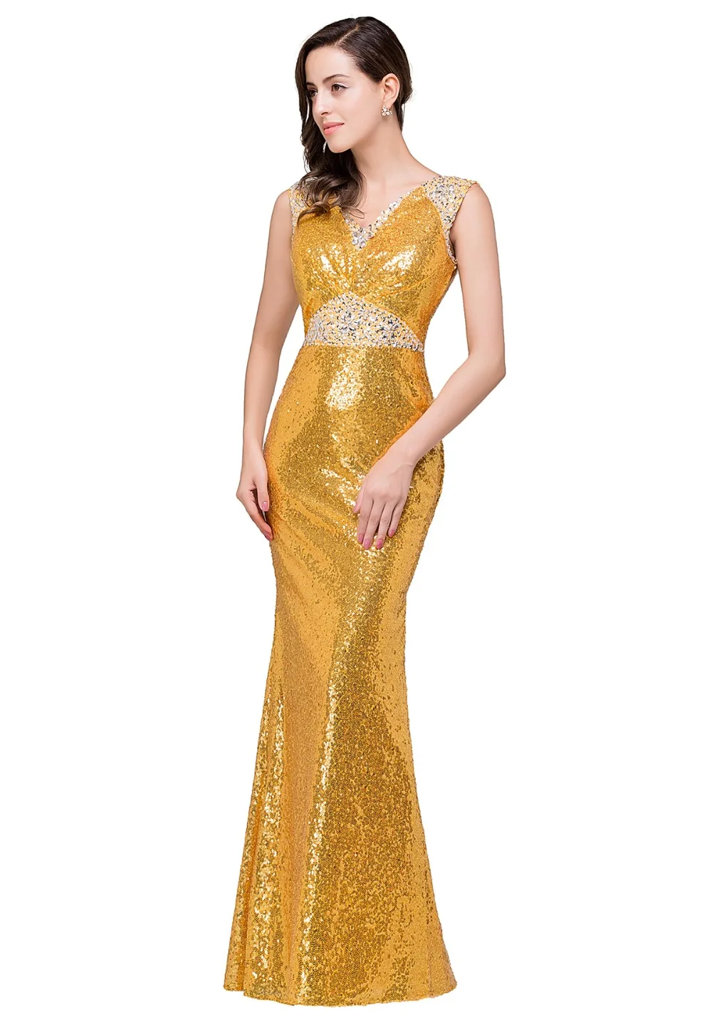 Потрясающие золотые блестки вечерние платья 2017 из бисера Длинные Русалка Пром Robe