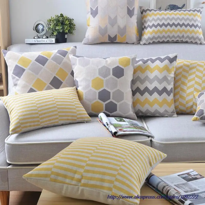 

Желто-серые декоративные подушки с геометрическим рисунком, льняной чехол для подушки, домашний декор для стула, дивана 45x45 см