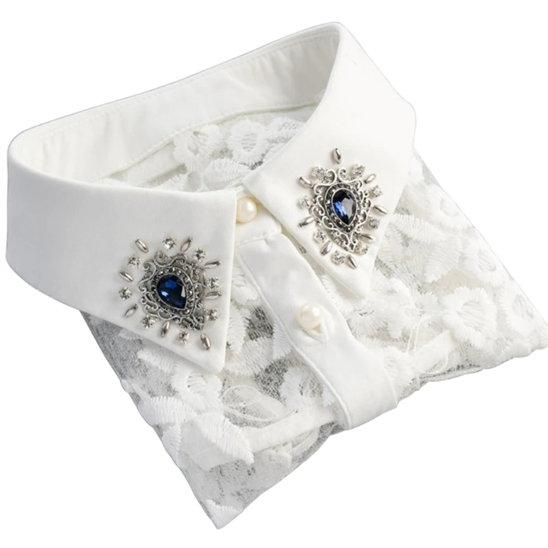 

KLV Women Rhinestone Lace Embroidery Shirt False Collar Detachable Fake Necklace
