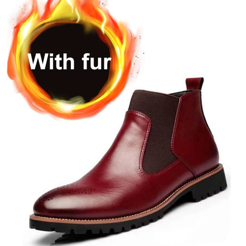 red with fur Мужская Мужские сапоги Осень-Зима Натуральная Кожа Обувь С Мехом Теплые Классические Мужские Мотоцикл Ботинки Лодыжки Челси - Цвет: red with fur