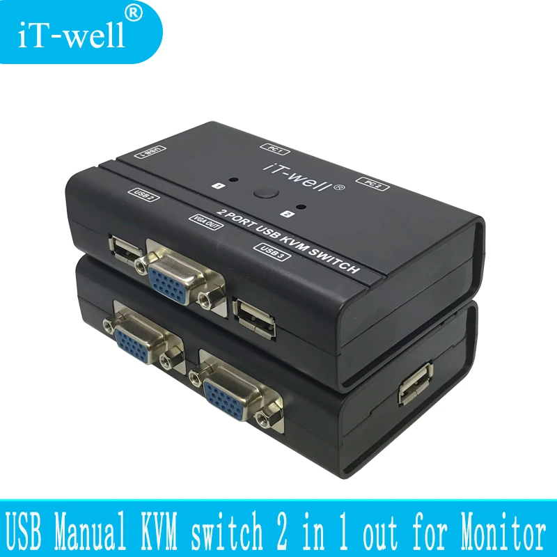 IT-well 2 порта KVM переключатель управления 2 ПК Хост 1 Набор USB клавиатура мышь и VGA монитор мульти ПК управление оригинальным кабелем