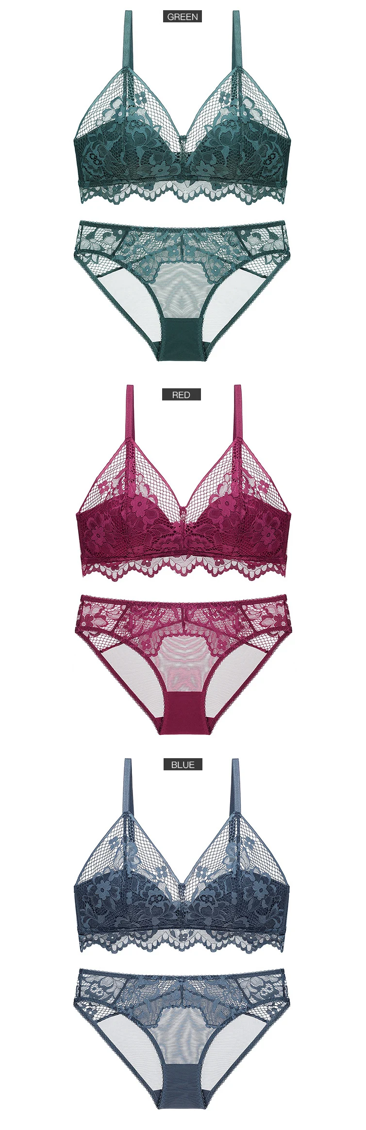 sexy mousse half cup bra sets women underwear lace mesh deep V flower wireless young girl see through panties new black green