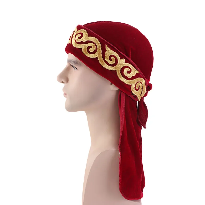 Helisopus Новый цветочный узор Durag тюрбан бархат длинный хвост головной убор мужские