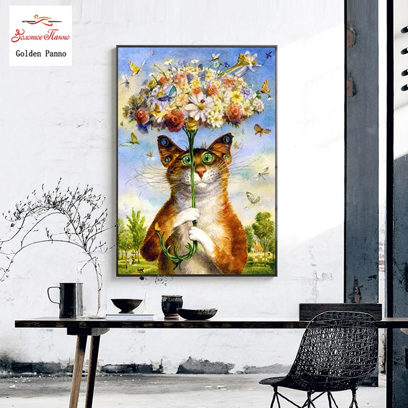 

Golden Panno Cross stitch embroidery set 14CT cat animal cotton line drawing DIY embroidery DMC New Year gift