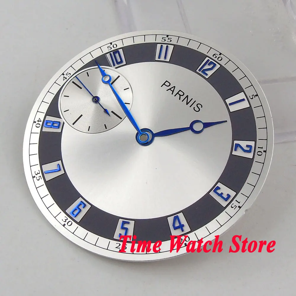 

PARNIS 38.3mm silver watch dial blue marks fit eta 6497 ST3600 hand winding movement men's watch (dial+hands) D105