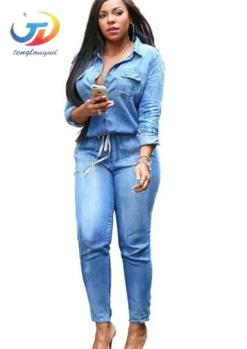 Tenglongwl Blue Jeans Jumpsuits For Women Fashion Long Sleeve Female Denim Slim Ladies Plus Size | Женская одежда