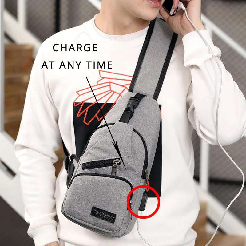 Women Gray Black Chest Bags USB Charging Male Boys Oxford Travel Single Strap Casual Crossbody Office Messenger Bag Pack 372