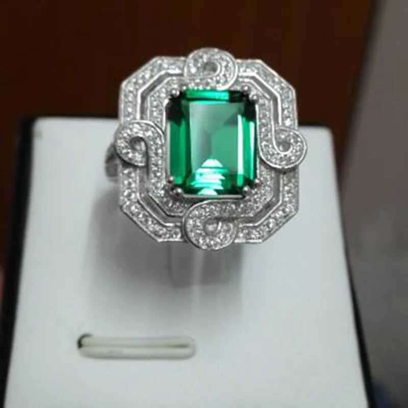Qi Xuan_Fashion Jewelry_Luxury прямоугольные CZ зеленые камни Rings_S925 Твердые серебряные Rings_Factory