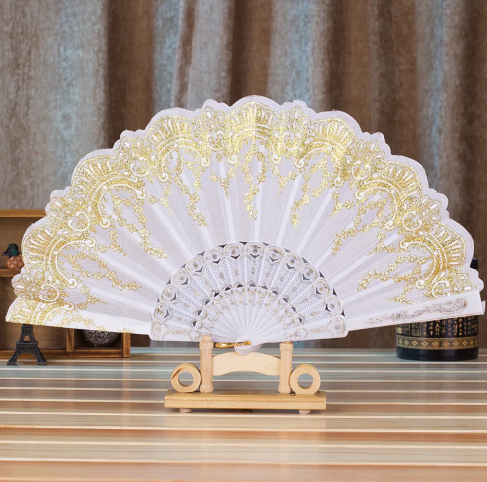 Chinese Style Dance Wedding Party Lace Silk Folding Hand Held Flower Fan White classical L0624 | Дом и сад