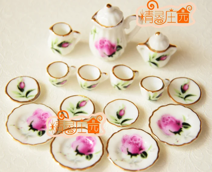 

G05-X4327 children baby gift Toy 1:12 Dollhouse mini Furniture Miniature rement ceramics tea set 15pcs/set rose