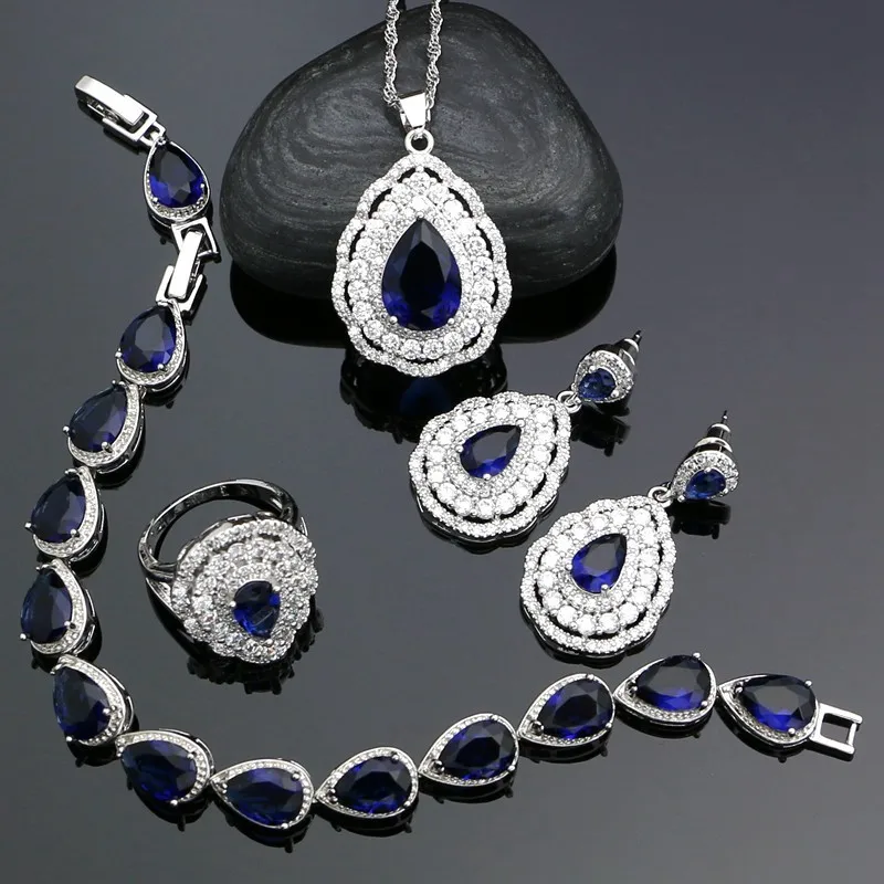 Fashion Women 925 Sterling Silver Jewelery Blue Cubic Zirconia Crystal Earrings/Pendant/Necklace/Ring/Bracelet Jewelry Sets | Украшения и