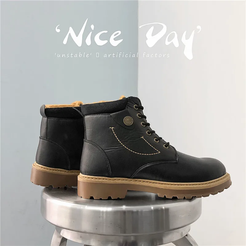 Men British Platform High Top PU Leather Boots Winter Warm Plush Lining Lace-up Square Heel Round Toe Male Rubber Martin | Обувь