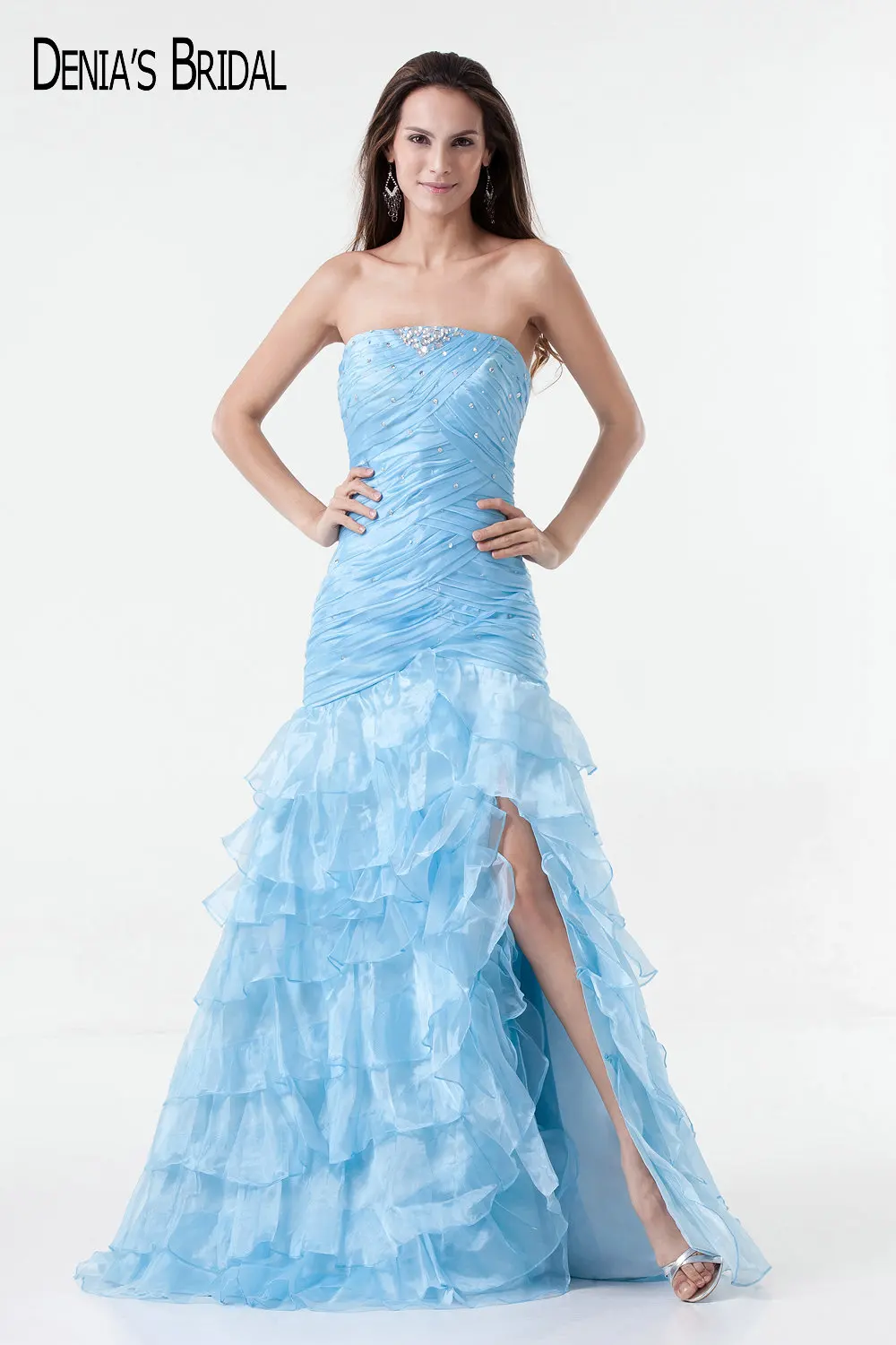 Синее вечернее платье-Русалка с оборками без бретелек | Свадьбы и торжества