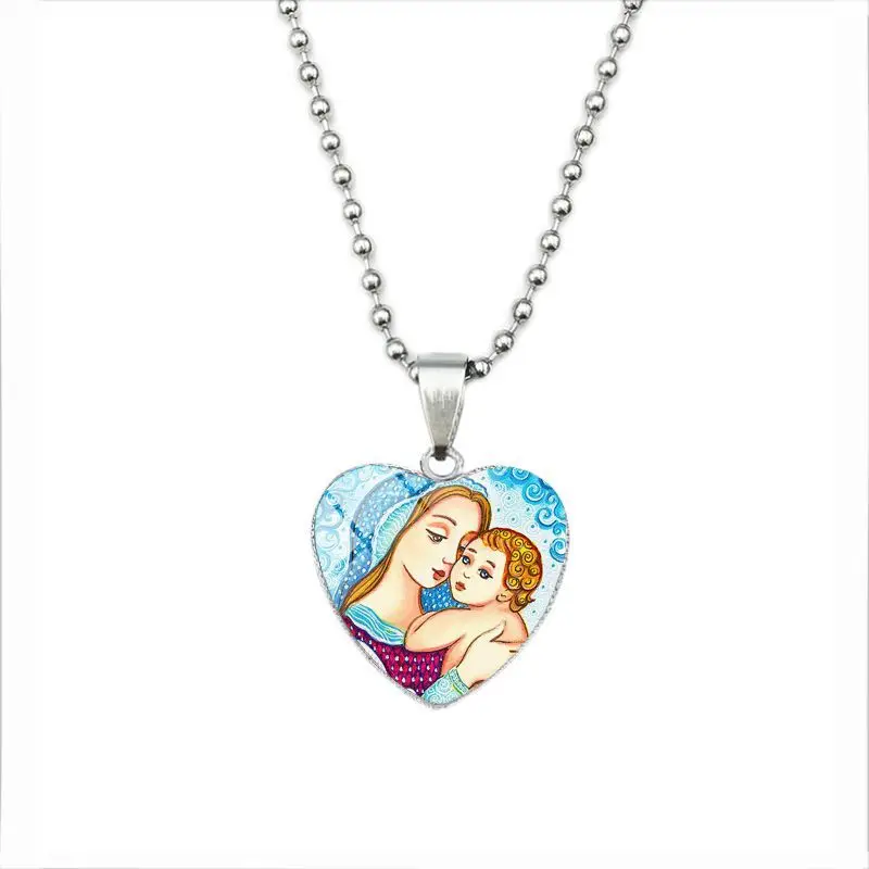 

10 Global Mom's Love Vintage Christ Jesus Oil Painting Love Heart Necklace Jewish Time Mother's Day Gift Art Necklace jewelry