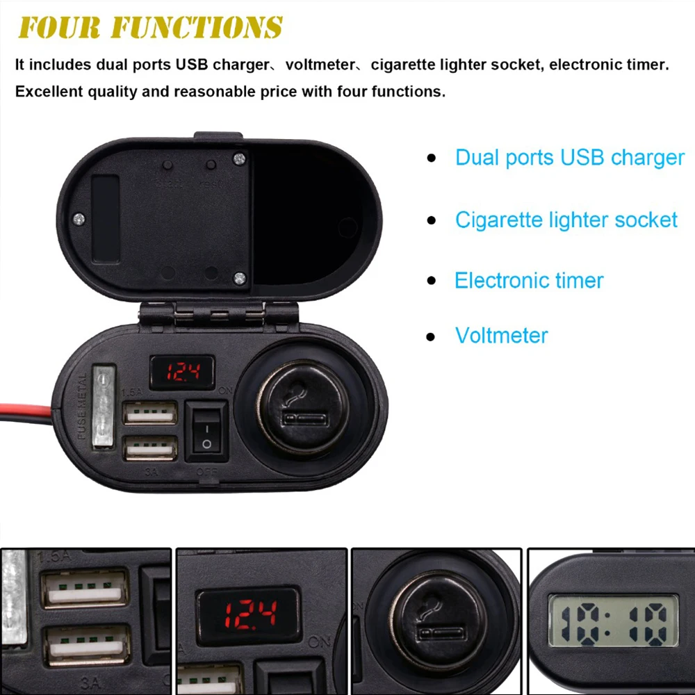 

WUPP Authentic Motorcycle Cigarette Lighter Socket Dual USB Quick Charger Voltmeter Digital Clock Switch Control Waterproof