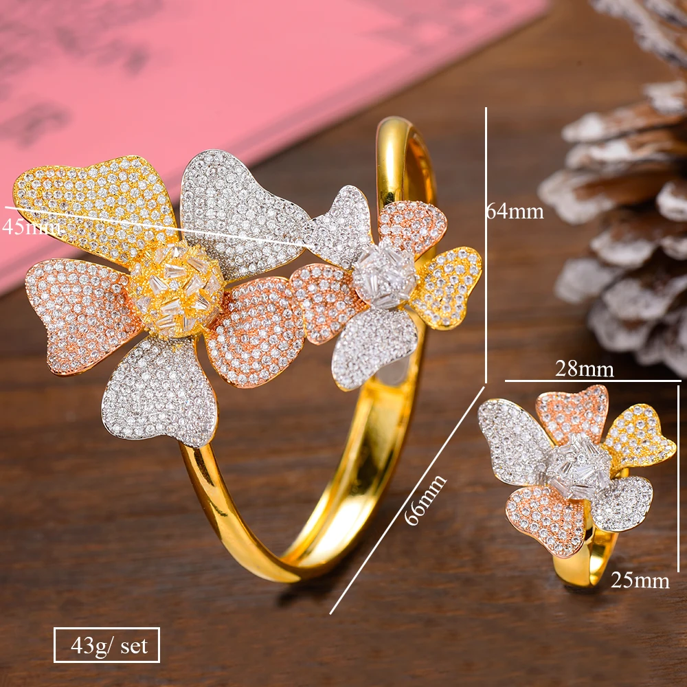 

SISCATHY Trendy Cubic Zircon Flower Bangle/Ring Luxury Dubai Bridal African Wedding Jewelry Sets For Women Accessories 2019 New