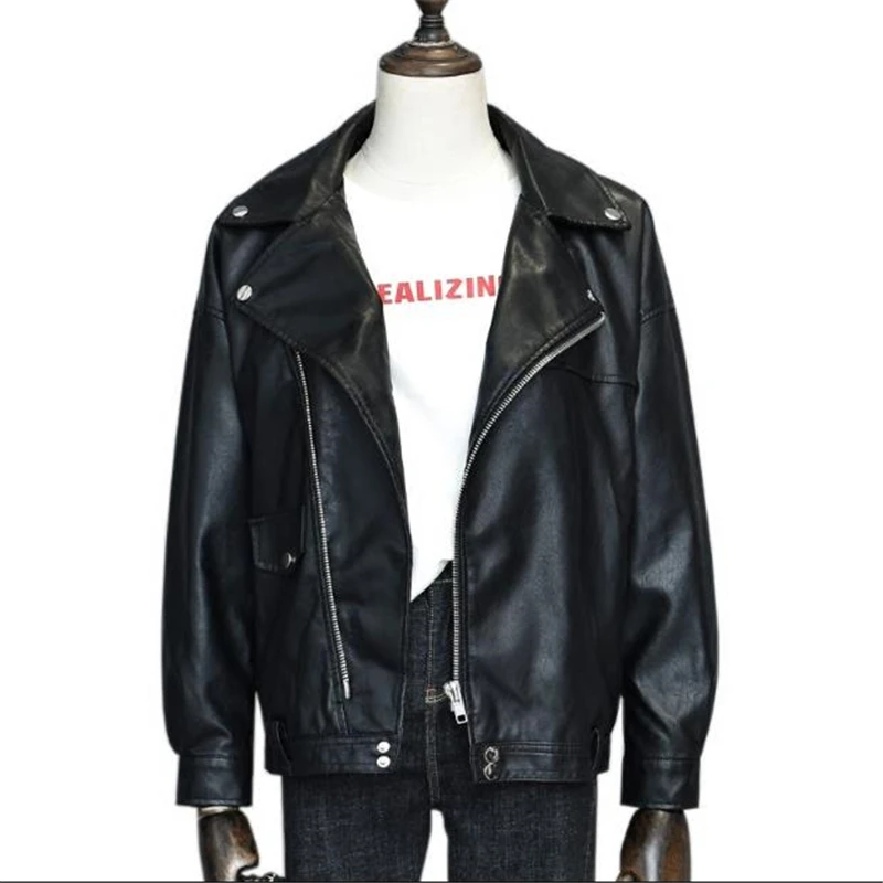 

New Fashion Pu Biker Women Autumn Coat Leather Jackets For Women Turn-down Collar Zipper Loose Women Leather Moto Jacket Veste