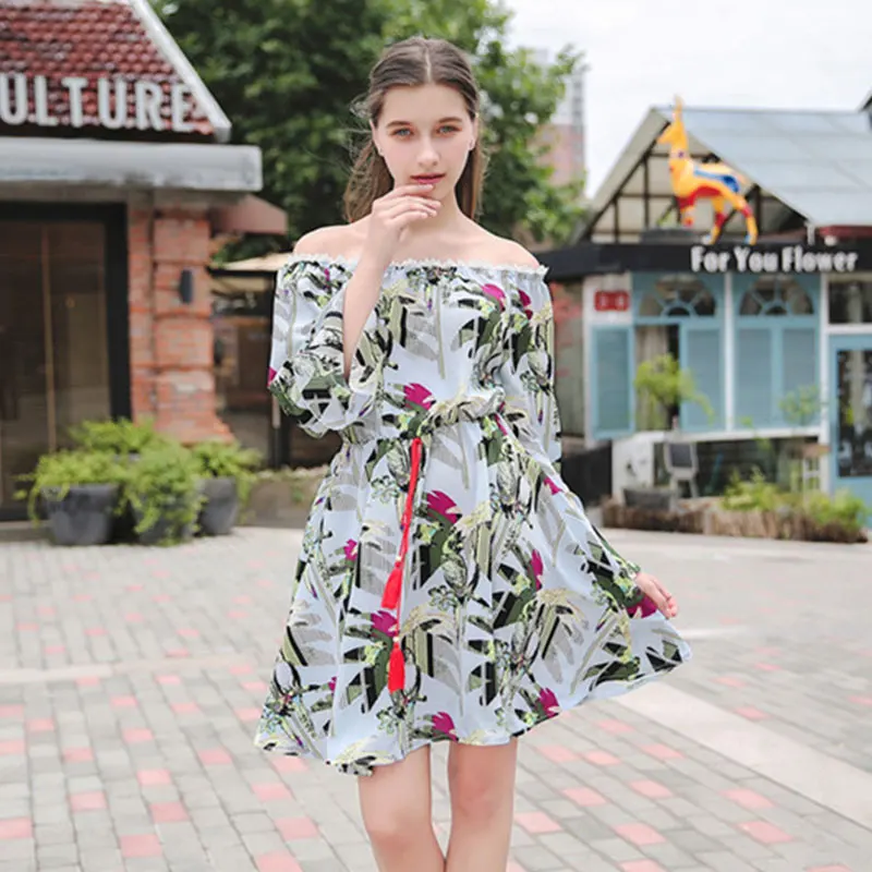 Летнее платье бохо стиль Femme Robe Европейский Американский печатных рукав клеш с