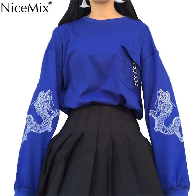 NiceMix Harajuku Толстовка для женщин Джемперы Вышивка Пуловеры с драконом женская одежда женские толстовки рубашки в японском стиле Sudadera Mujer