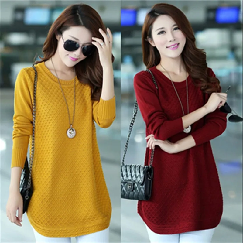 2019 длинный вязаный женский свитер однотонный пуловер с длинным рукавом