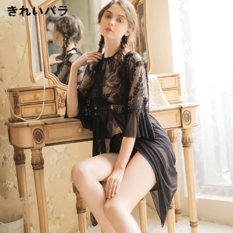 Летняя тонкая пикантная кружевная женская пижама-тройка халат обтягивающие