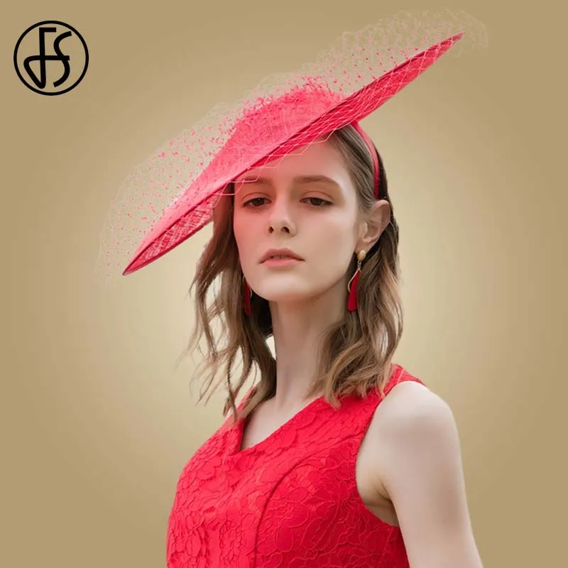 Red Fedoras FS большие вуалетки для женщин элегантные фетровые шляпы с вуалью бежевый белый Церковь Леди шляпа Свадьба Sinamay Кентукки шляпа котелок - Цвет: Red Fedoras