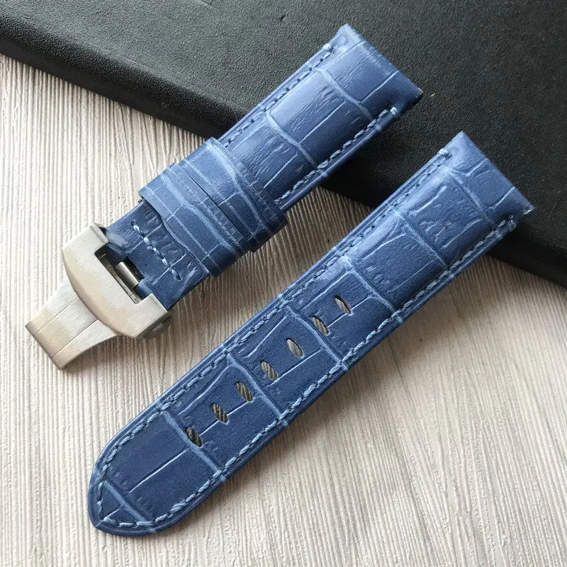 blue2 silver clasp 24 мм ручной работы черного и синего цвета прошитый ремешок из натуральной телячьей кожи ремешок для наручных часов с пряжкой ремешок для наручных часов Panerai PAM - Цвет ремешка: blue2 silver clasp