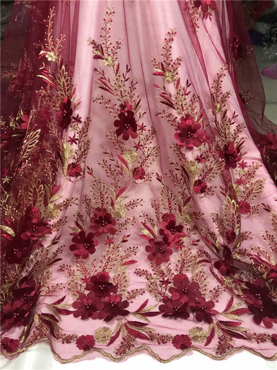 

French lace fabric with beads african lace fabrics 5 yards wholesale 3d flower nigerian lace fabric for Wedding Dresses red
