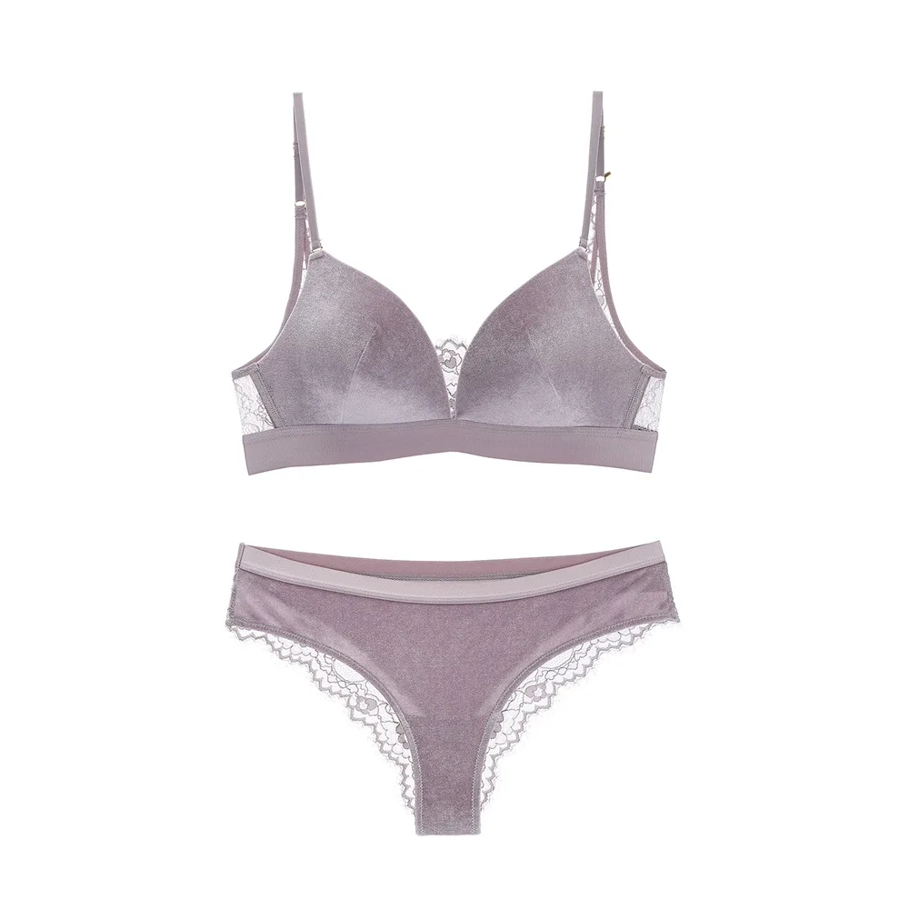 Одноцветное Bralette бархат кружевной бюстгальтер трусы комплекты Push Up Белье Для