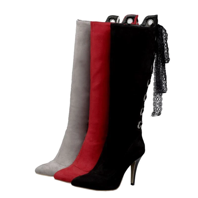 Женские длинные сапоги на шпильке SJJH флоковые до колена с острым носком и