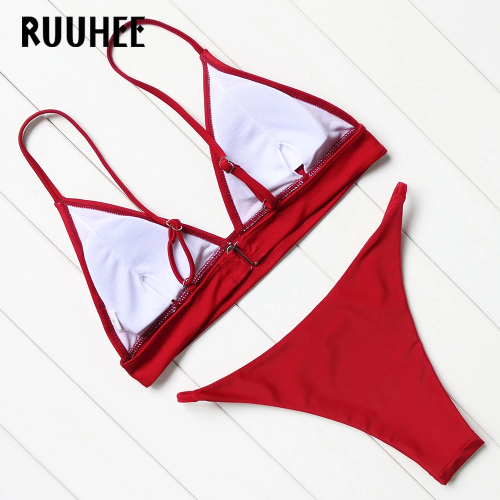 RUUHEE Solid Bikini Set Thong Bathing Suit Padding Swimming Retro bikini Red Swimwear Women Summer Beach Wear Female |