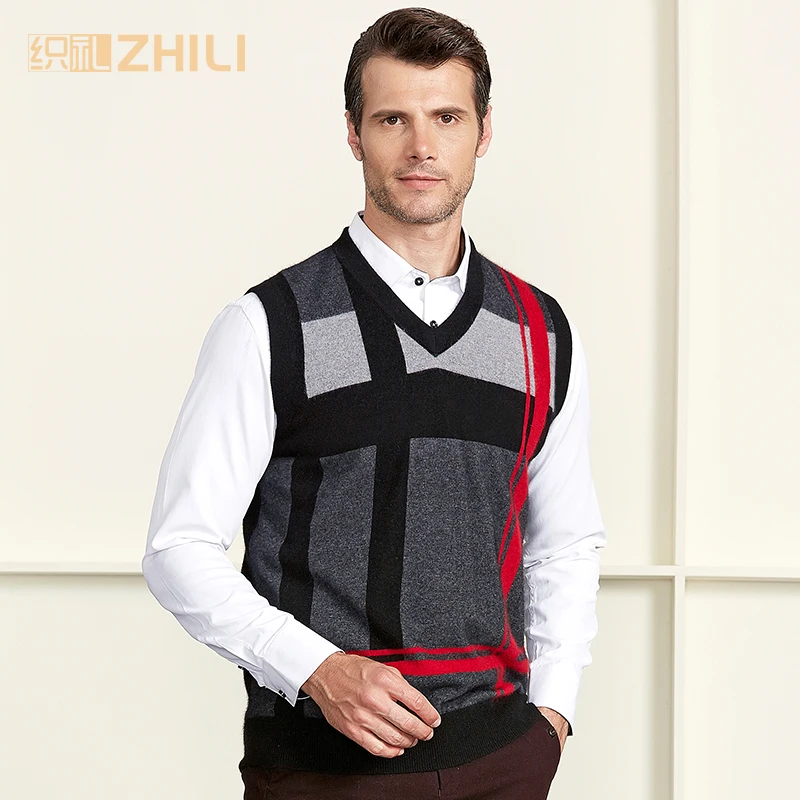 High Quality 100% Cashmere Mens V Neck Sleeveless Argyle Sweater Vest 2018 New Fashion | Мужская одежда