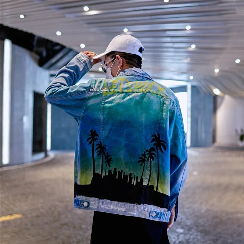 Мужская Повседневная джинсовая куртка в стиле хип хоп с принтом кленового листа