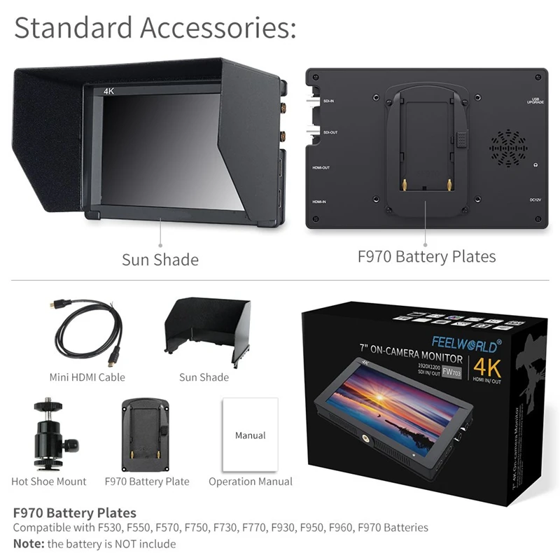 Fw703 7 дюймов Ips 3g Sdi 4K Hdmi Dslr монитор Full Hd 1920x1200 на камеру полевой монитор с гистограммой для стабилизатора камеры s R