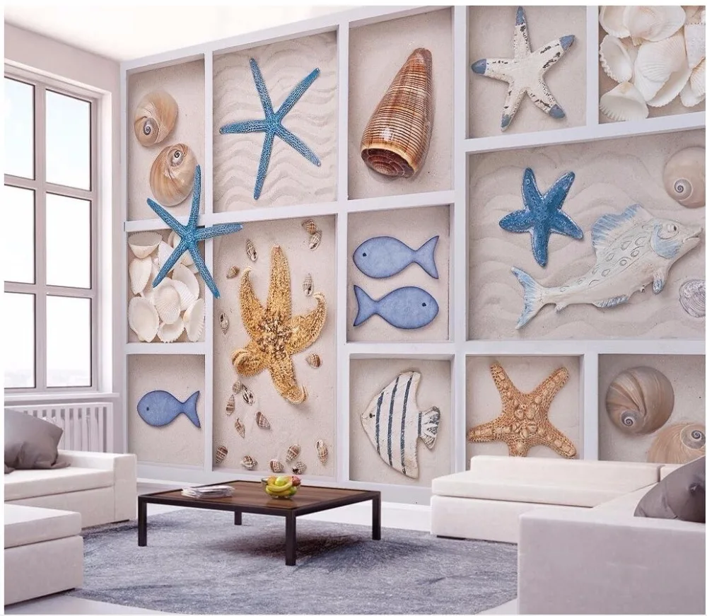 

Custom mural 3d wallpaper Starfish Sand Fish Conch Plaid Mediterranean painting 3d wall murals wallpaper for walls 3 d