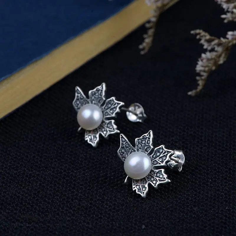 FNJ Freshwater Pearl Earrings Leaf 925 Silver boucle d'oreille for Women Jewelry S925 Sterling Stud Earring Romantic | Украшения и