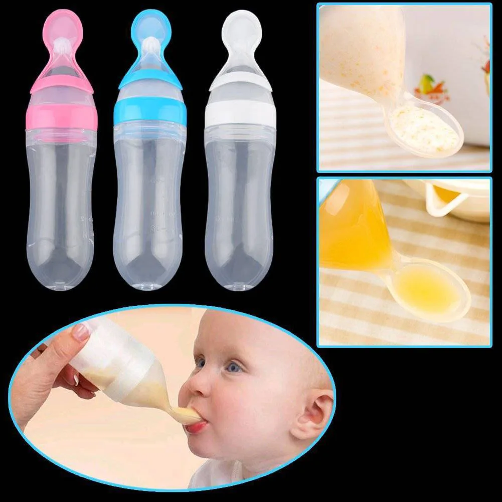 Safety Baby Feeding Bottle with Spoon Feeder Food Rice Milk Feeding Silicone Infant Cereal Bottle 90ML