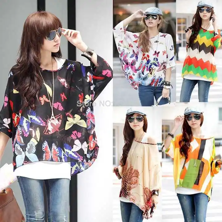 New 2014 Summer Women Bohemian Shirts Blouses Three Quarter Batwing Sleeve Chiffon Tops Large Size Loose Clothing L XL | Женская одежда