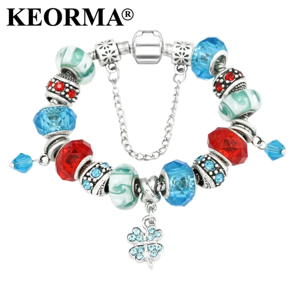 KEORMA Новый Античный Серебряный Клевер Подвески Браслеты для женщин Хрустальный