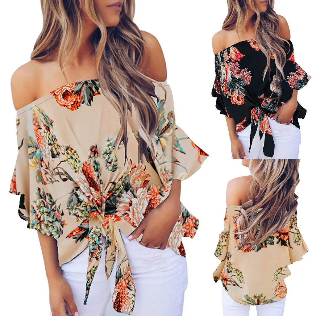 Блузка модная женская блузка 2019 летняя с открытыми плечами галстук бабочка