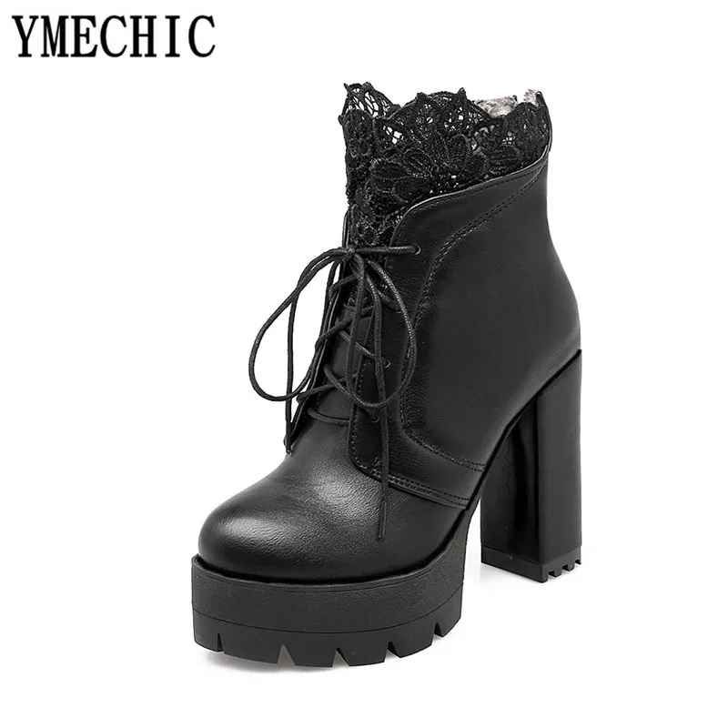 YMECHIC Lady Lace Up Platform Block High Heel Ankle Short Motorcycle Boots White Black Womens Autumn Gothic Shoes Plus Size