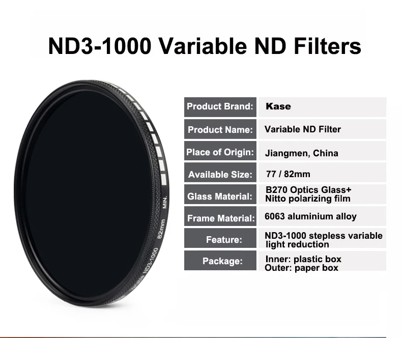 Kase переменный многослойный ND фильтр ND3-ND1000 фильтр нейтральной плотности фейдер Регулируемый 67 мм 72 мм 77 мм 82 мм оптическое стекло