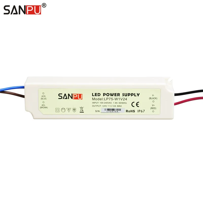 SANPU SMPS 75W 24VDC LED Driver 3A Switching Power Supply 220V 230V AC-DC Lighting Transformer White IP67 Waterproof Sprayproof |