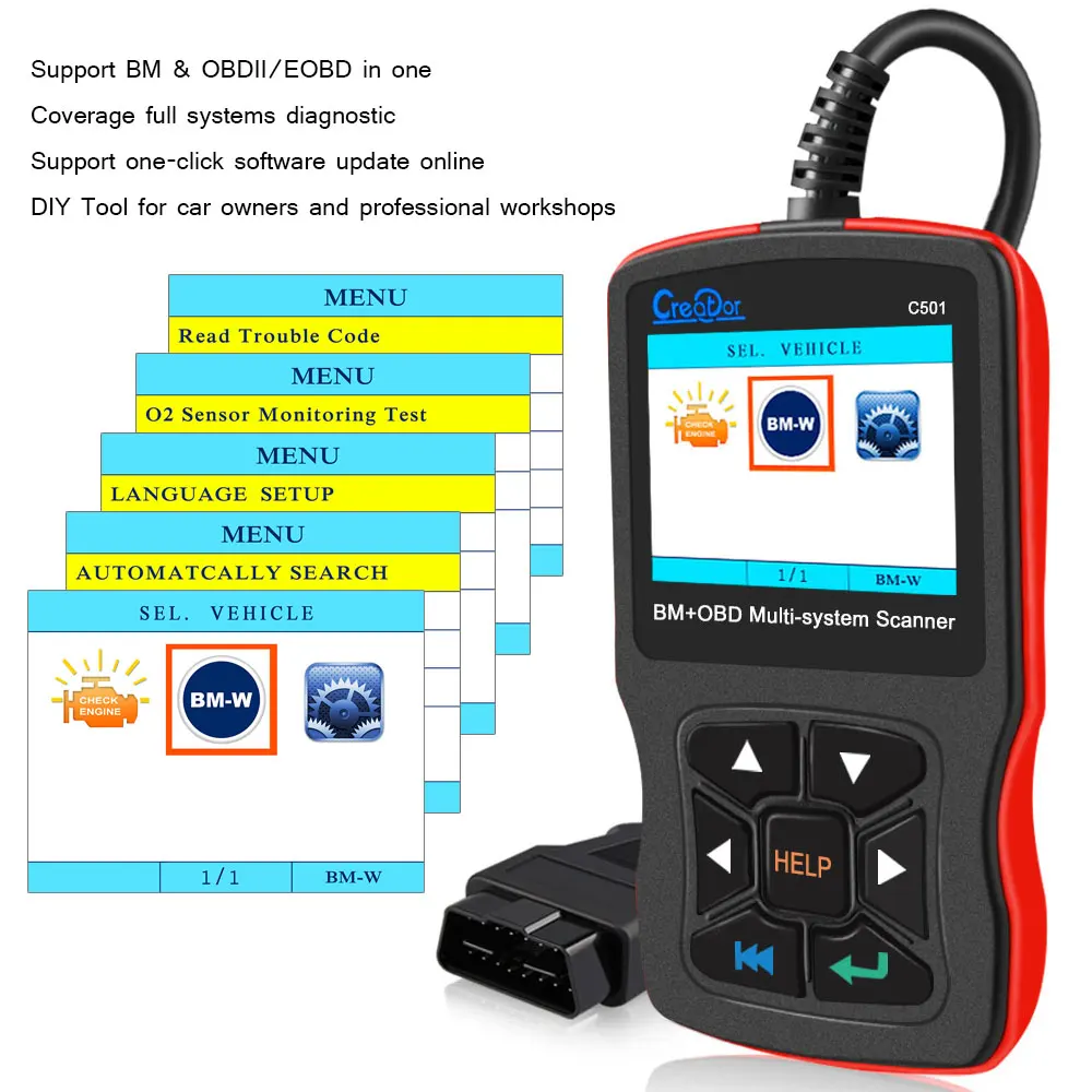 Автомобильный диагностический сканер obd II Creator C501 BM + OBD 2 многосистемный