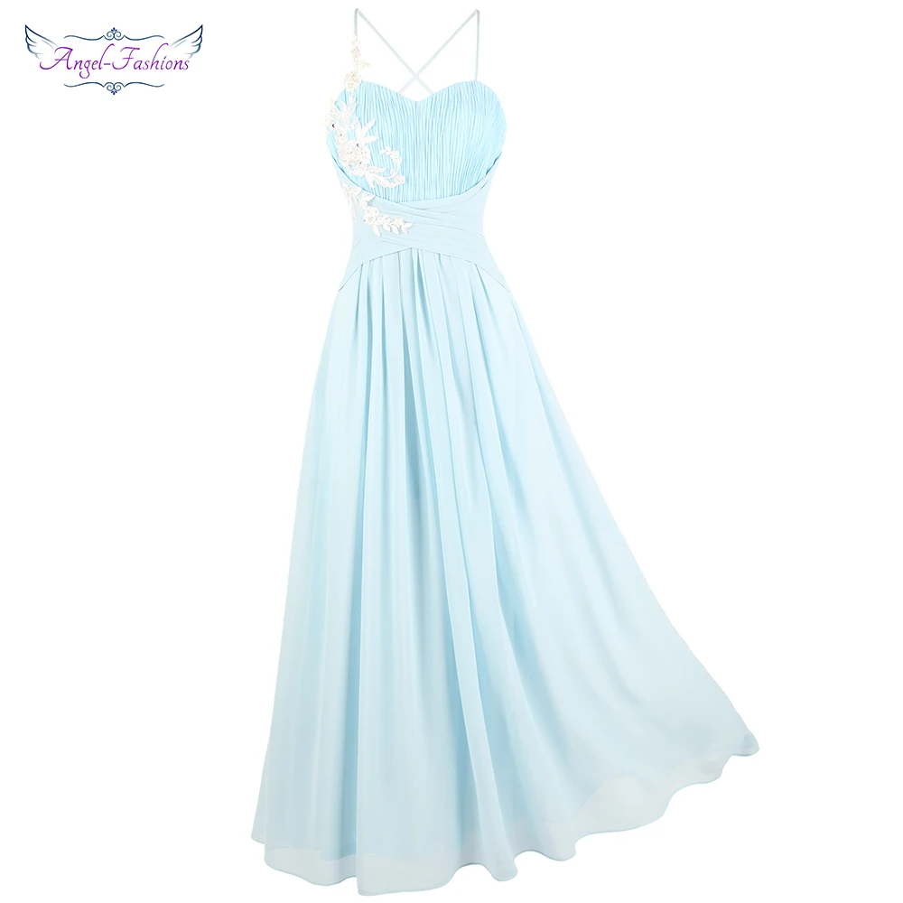 

Женское шифоновое платье Angel-fashions, светло-голубое вечернее плиссированное платье на тонких бретелях, лето аппликация вечернее платье