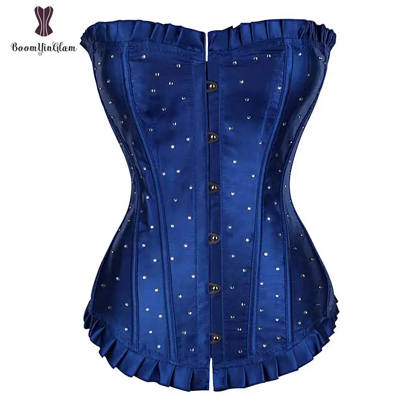 

Waist Trainer Corset Satin Push Up Overbust Top Blue Rhinestone Corselet Sexy Lingerie Lace Up Bustiers Solid Royal Blue Korset